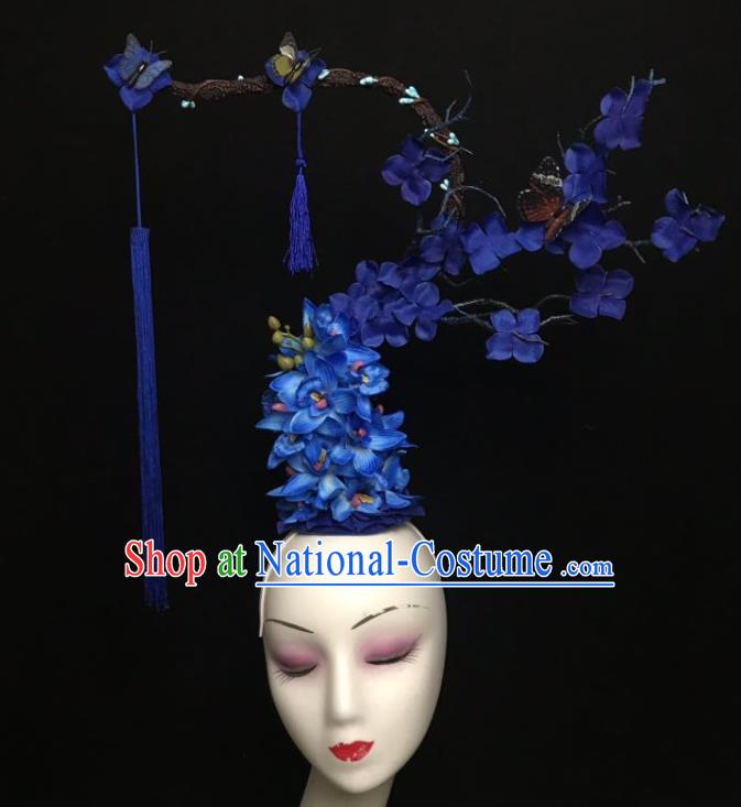 China Court Royalblue Tassel Top Hat Catwalks Deluxe Headdress Handmade Bride Fashion Headwear Qipao Show Flowers Hair Crown