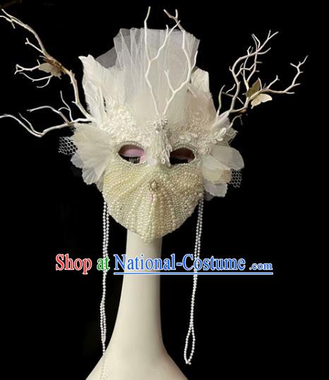 Handmade Halloween Cosplay Pearls Full Face Mask Christmas Costume Party Headpiece Brazil Carnival White Feather Mask