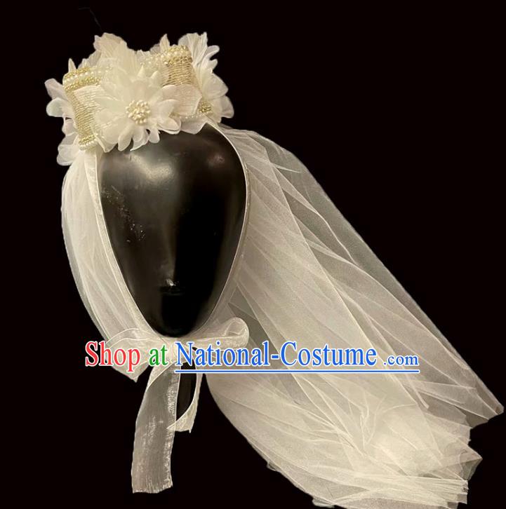 Professional Girl Princess Pearls Royal Crown Children Stage Performance Hair Accessories Christmas Day White Veil Headwear