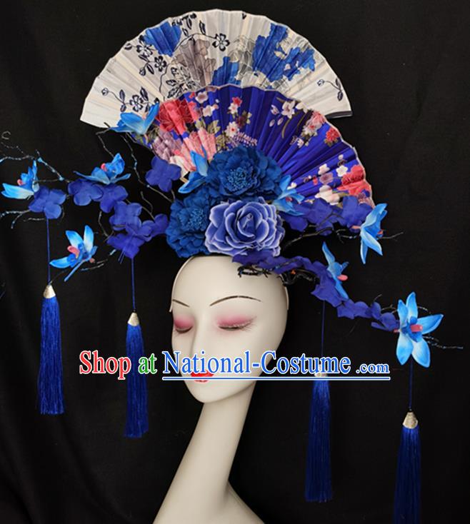 China Handmade Wedding Fashion Headwear Stage Show Blue Flowers Hair Crown Court Fan Hair Clasp Qipao Catwalks Bride Headdress