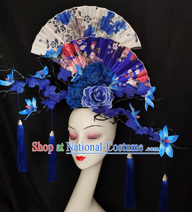 China Handmade Wedding Fashion Headwear Stage Show Blue Flowers Hair Crown Court Fan Hair Clasp Qipao Catwalks Bride Headdress