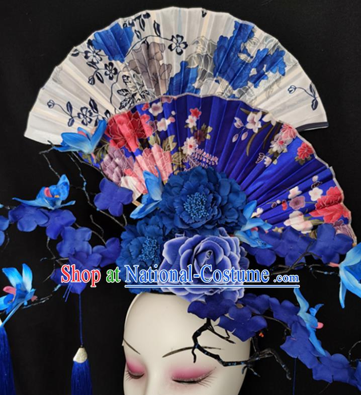 China Handmade Wedding Fashion Headwear Stage Show Blue Flowers Hair Crown Court Fan Hair Clasp Qipao Catwalks Bride Headdress