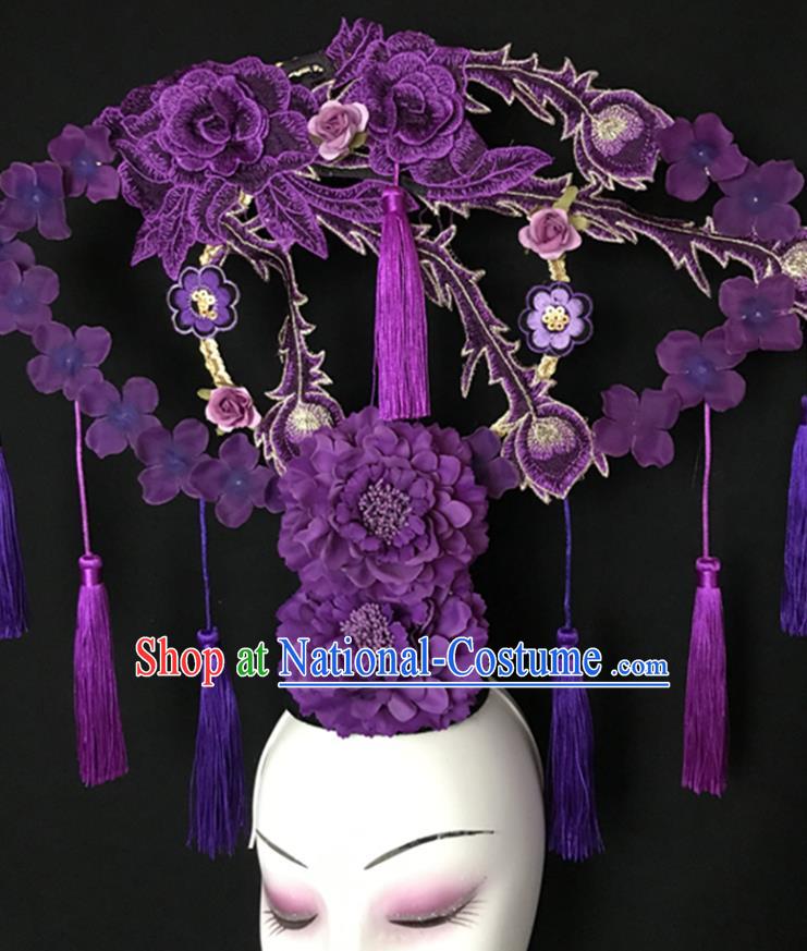 China Stage Show Purple Peony Hair Crown Court Fan Tassel Hair Clasp Qipao Catwalks Bride Headdress Handmade Wedding Fashion Headwear