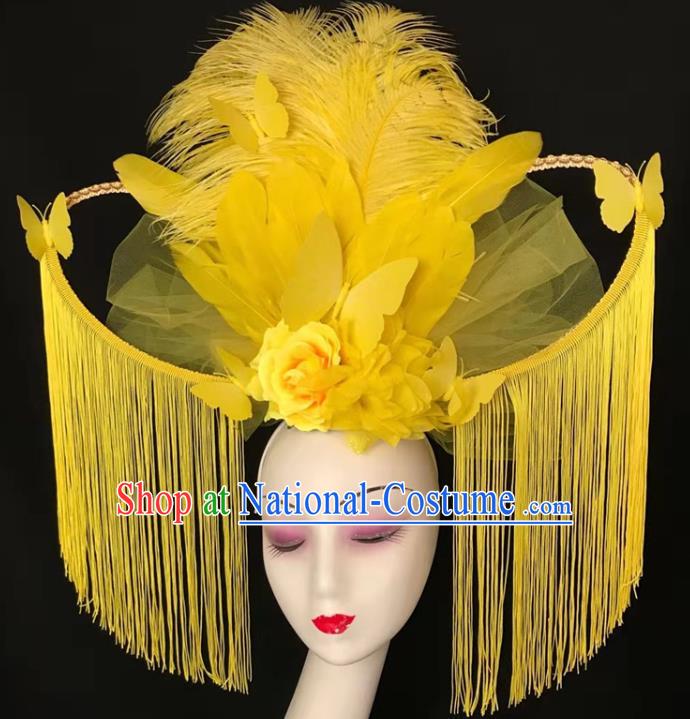 Top Halloween Catwalks Tassel Royal Crown Rio Carnival Yellow Feather Headdress Baroque Hair Clasp Cosplay Fairy Hair Accessories