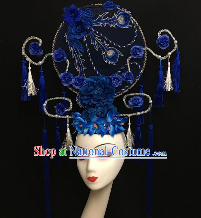 China Qipao Catwalks Fashion Headdress Handmade Wedding Headwear Stage Show Embroidered Royalblue Hair Crown Court Fan Tassel Hair Clasp