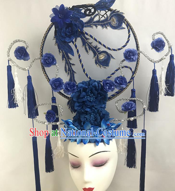 China Qipao Catwalks Fashion Headdress Handmade Wedding Headwear Stage Show Embroidered Royalblue Hair Crown Court Fan Tassel Hair Clasp