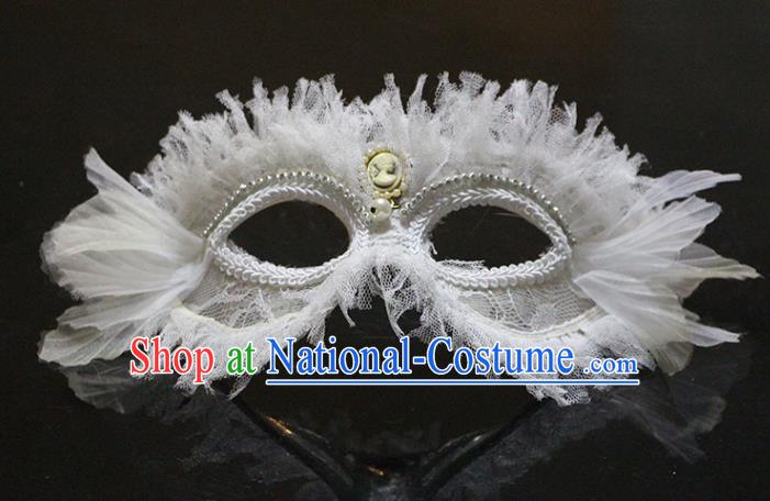 Handmade Christmas Costume Party Blinder Headpiece Brazil Carnival Feather Mask Halloween Cosplay White Lace Face Mask