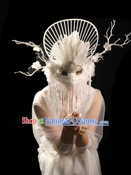 Handmade Halloween Cosplay Full Face Mask Costume Party Blinder Gothic White Feather Headpiece Brazil Carnival Tassel Mask