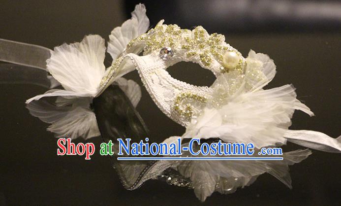 Handmade Brazil Carnival White Lace Mask Halloween Cosplay Sequins Face Mask Costume Party Gothic Princess Headpiece