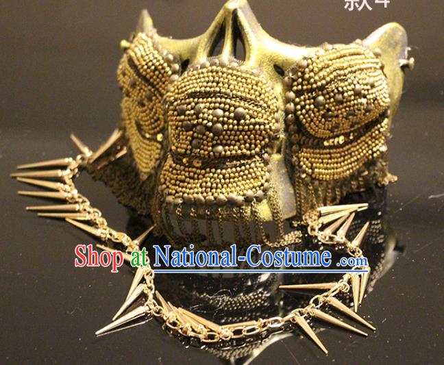 Handmade Brazil Carnival Golden Mask Halloween Cosplay Tassel Face Mask Costume Party Gothic Rivet Headpiece