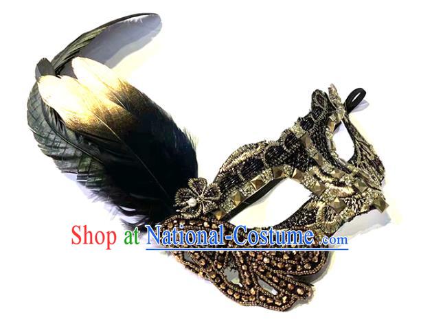 Handmade Gothic Queen Headpiece Brazil Carnival Rivet Mask Halloween Cosplay Face Mask Costume Party Black Feather Blinder