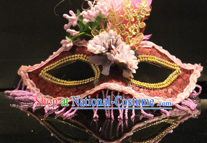 Handmade Brazil Carnival Pink Feather Mask Halloween Cosplay Tassel Face Mask Costume Party Red Sequins Blinder Baroque Princess Headpiece