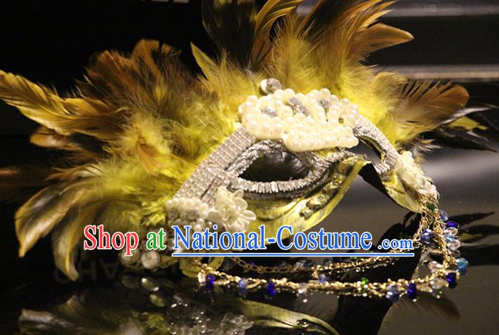 Handmade Costume Party Yellow Feather Blinder Baroque Princess Headpiece Brazil Carnival Golden Mask Halloween Cosplay Pearls Face Mask