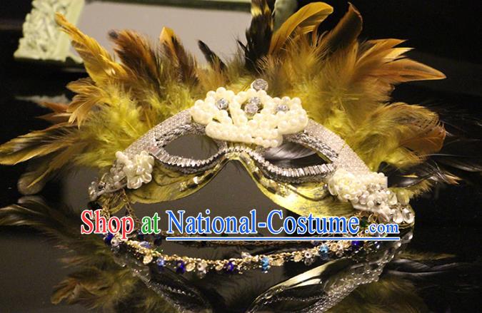 Handmade Costume Party Yellow Feather Blinder Baroque Princess Headpiece Brazil Carnival Golden Mask Halloween Cosplay Pearls Face Mask