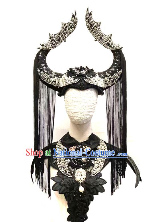 Professional Punk Performance Hair Accessories Halloween Black Tassel Royal Crown Cosplay Ox Horn Rivet Hat