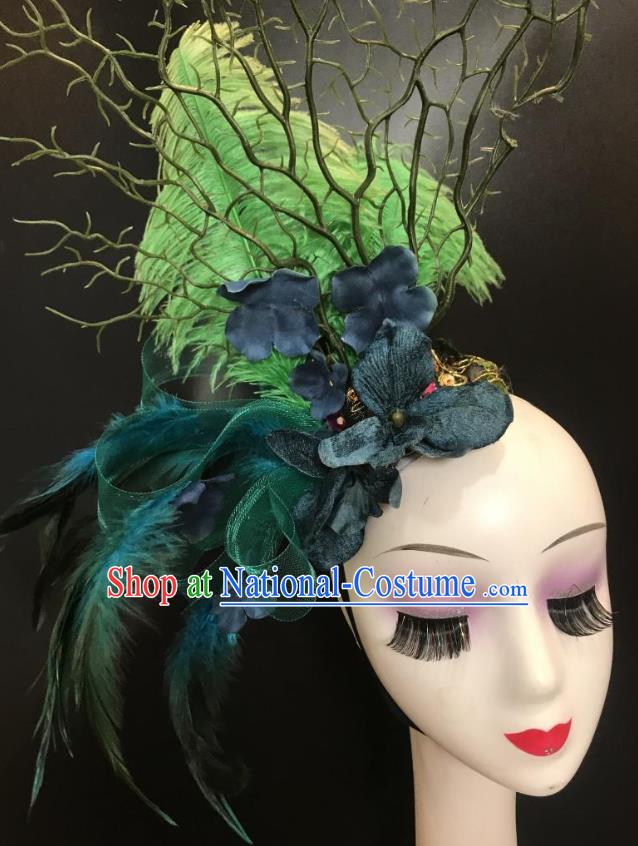 Top Carnival Parade Headdress Baroque Bride Hair Clasp Cosplay Princess Hair Accessories Halloween Catwalks Green Feather Royal Crown