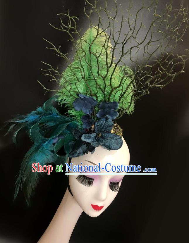 Top Carnival Parade Headdress Baroque Bride Hair Clasp Cosplay Princess Hair Accessories Halloween Catwalks Green Feather Royal Crown