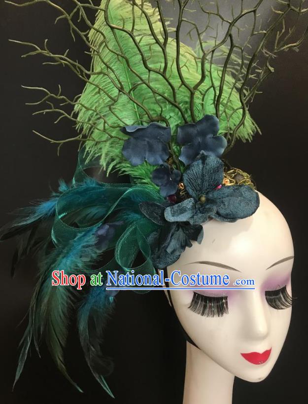 Top Carnival Parade Headdress Baroque Bride Hair Clasp Cosplay Princess Hair Accessories Halloween Catwalks Green Feather Royal Crown