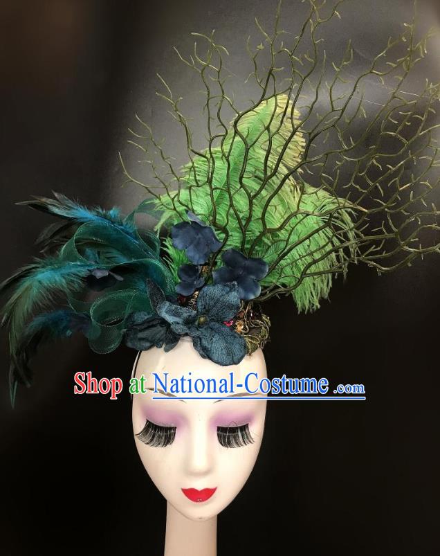 Top Carnival Parade Headdress Baroque Bride Hair Clasp Cosplay Princess Hair Accessories Halloween Catwalks Green Feather Royal Crown