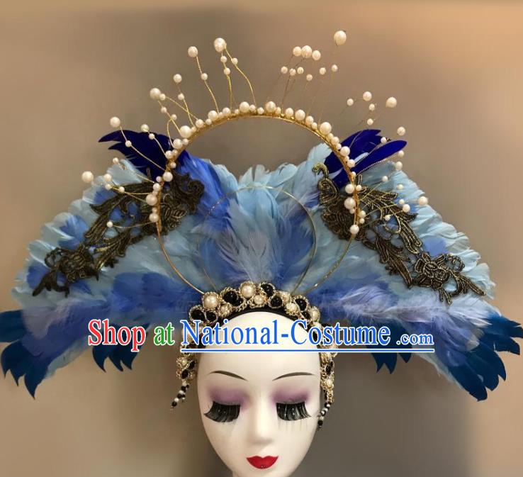 Top Halloween Catwalks Blue Feather Royal Crown Carnival Parade Giant Wings Headdress Baroque Goddess Pearls Hair Clasp Cosplay Princess Hair Accessories