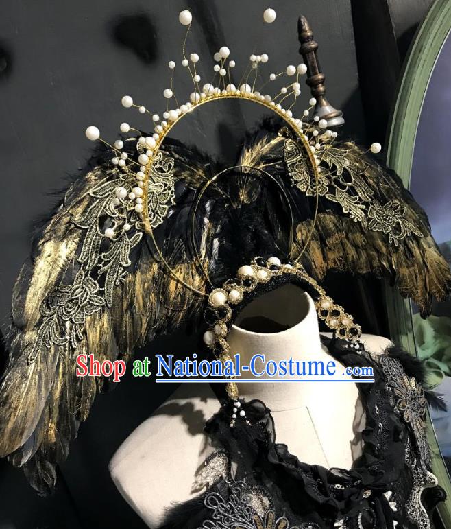 Top Cosplay Queen Hair Accessories Halloween Catwalks Black Feather Royal Crown Carnival Parade Giant Wings Headdress Baroque Pearls Hair Clasp