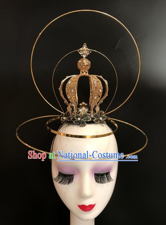 Top Halloween Catwalks Golden Royal Crown Carnival Parade Headdress Baroque Bride Hair Clasp Cosplay Princess Hair Accessories