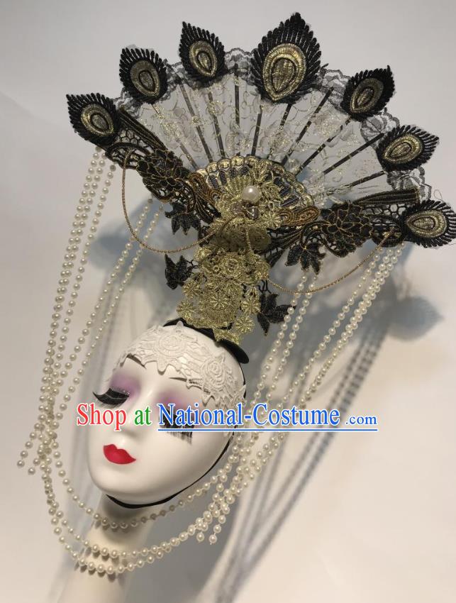 China Court Black Lace Fan Hair Clasp Catwalks Deluxe Headdress Handmade Bride Fashion Headwear Qipao Show Pearls Tassel Hair Crown