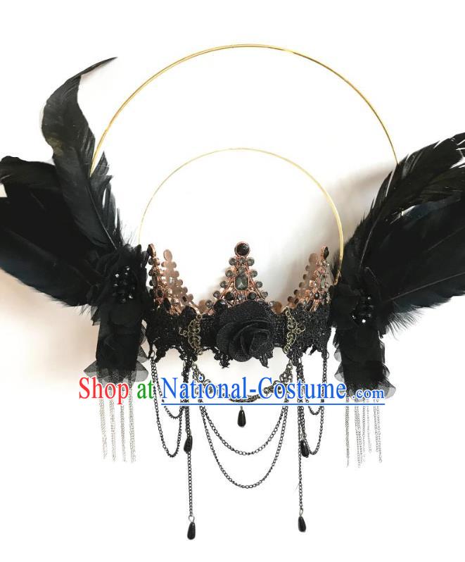 Top Cosplay Goddess Hair Accessories Halloween Catwalks Royal Crown Carnival Parade Headdress Baroque Black Feather Wings Hair Clasp