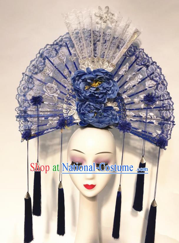 China Stage Show Tassel Hair Crown Court Blue Peony Fan Hair Clasp Qipao Catwalks Headdress Handmade Bride Lace Fashion Headwear