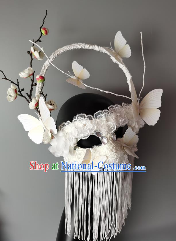 Handmade Halloween Cosplay Princess White Tassel Face Mask Costume Party Baroque Pearls Headpiece Brazil Carnival Lace Flowers Mask