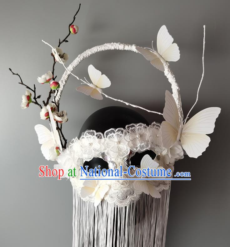 Handmade Halloween Cosplay Princess White Tassel Face Mask Costume Party Baroque Pearls Headpiece Brazil Carnival Lace Flowers Mask