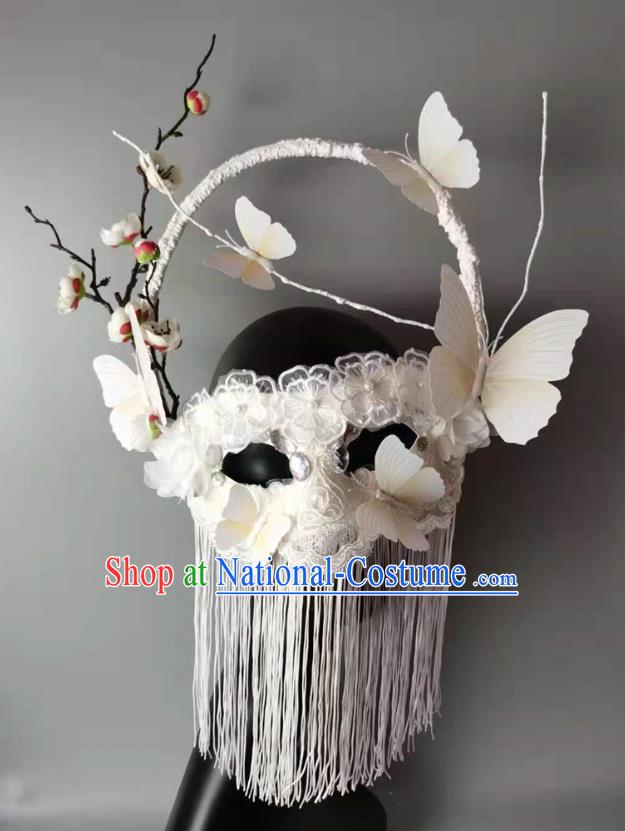 Handmade Halloween Cosplay Princess White Tassel Face Mask Costume Party Baroque Pearls Headpiece Brazil Carnival Lace Flowers Mask