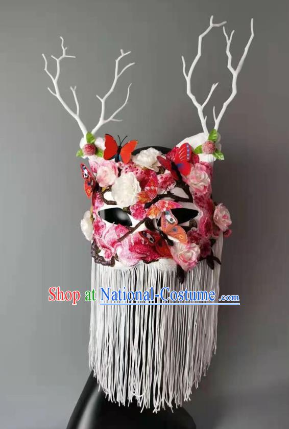 Handmade Brazil Carnival Pink Flowers Mask Halloween Cosplay Princess White Tassel Face Mask Costume Party Baroque Cat Headpiece