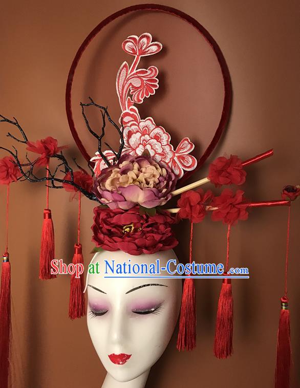 China Handmade Wedding Fashion Headwear Stage Show Tassel Hair Crown Court Peony Flowers Hair Clasp Qipao Catwalks Bride Headdress