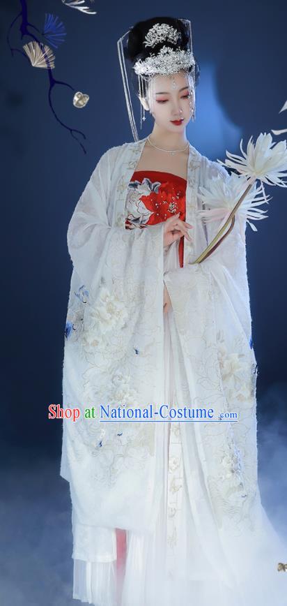 China Ancient Imperial Concubine Historical Clothing Tang Dynasty Court Female Embroidered White Hanfu Dress Garments