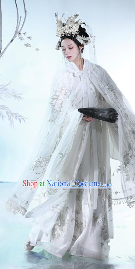 China Ancient Goddess Embroidered White Hanfu Cape Garment Jin Dynasty Court Beauty Cloak Historical Clothing