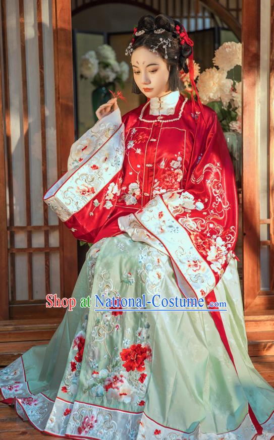 China Ming Dynasty Court Lady Historical Clothing Ancient Royal Princess Embroidered Red Hanfu Dress Garments