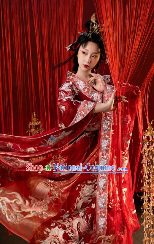 China Ancient Palace Beauty Embroidered Red Hanfu Dress Clothing Traditional Northern Southern Dynasties Princess Historical Garment Costumes