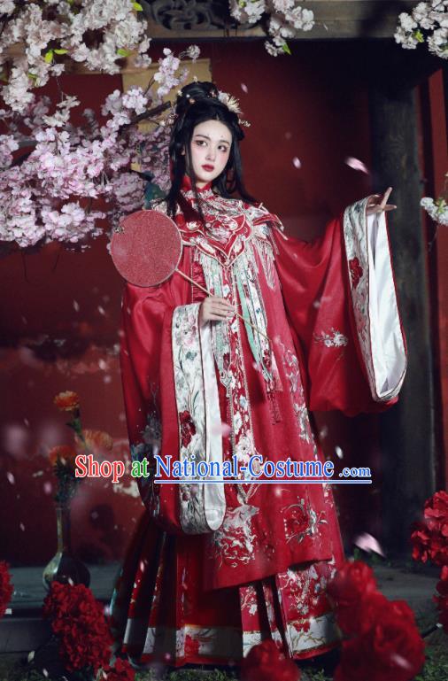 China Ancient Court Bride Embroidered Red Hanfu Dress Garments Traditional Ming Dynasty Princess Wedding Historical Clothing Complete Set