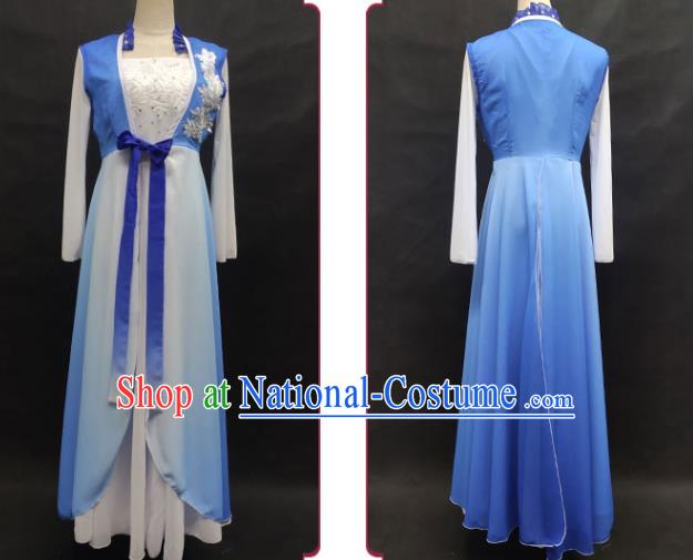 Top Chinese Classical Dance Blue Dress Woman Solo Dance Garment Costume Traditional Umbrella Dance Clothing