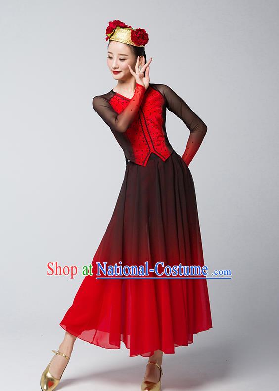 China Uygur Nationality Folk Dance Clothing Xinjiang Ethnic Stage Performance Garments Uyghur Dance Red Dress