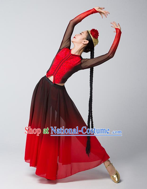 China Uygur Nationality Folk Dance Clothing Xinjiang Ethnic Stage Performance Garments Uyghur Dance Red Dress