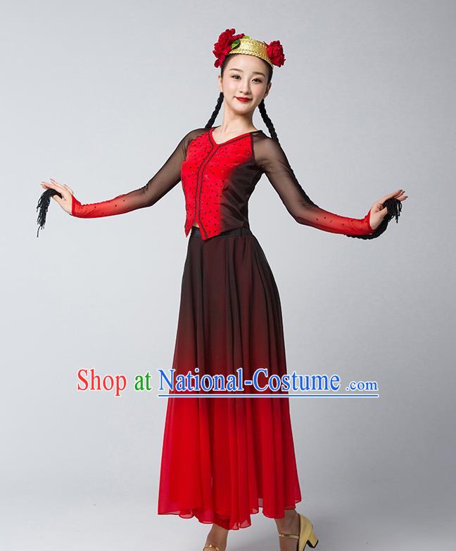 China Uygur Nationality Folk Dance Clothing Xinjiang Ethnic Stage Performance Garments Uyghur Dance Red Dress