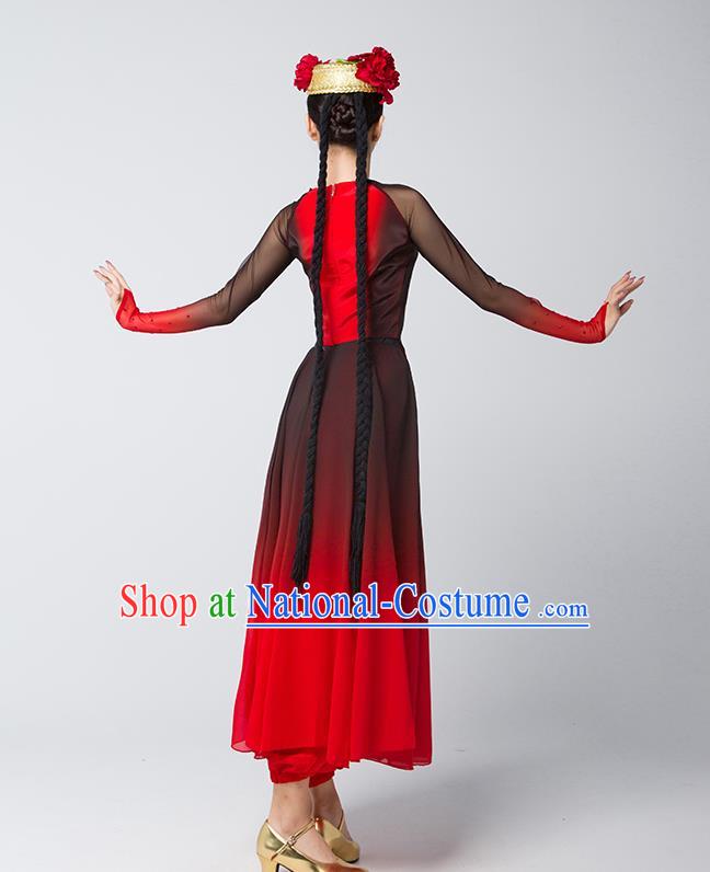 China Uygur Nationality Folk Dance Clothing Xinjiang Ethnic Stage Performance Garments Uyghur Dance Red Dress