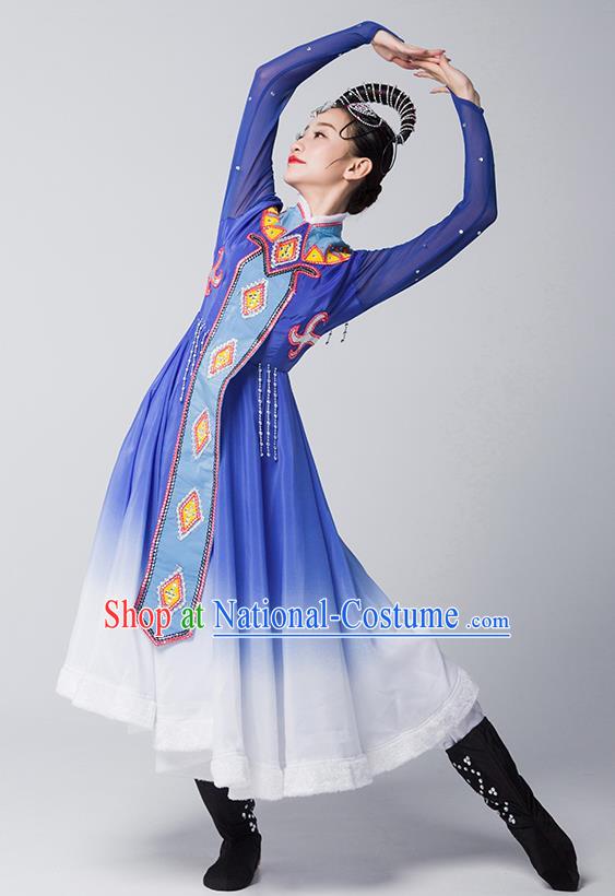 China Mongolian Nationality Folk Dance Clothing Mongol Ethnic Stage Performance Garments Evenki Dance Blue Dress