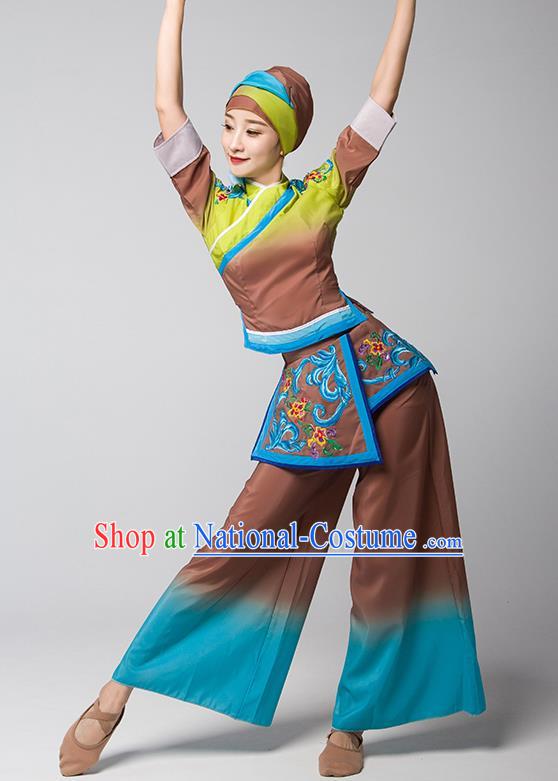 China Jiaozhou Yangko Group Dance Brown Uniforms Fan Dance Performance Garment Costume Folk Dance Clothing