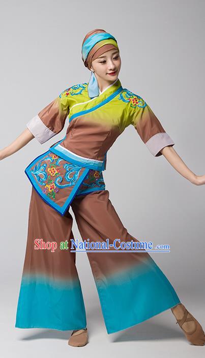 China Jiaozhou Yangko Group Dance Brown Uniforms Fan Dance Performance Garment Costume Folk Dance Clothing