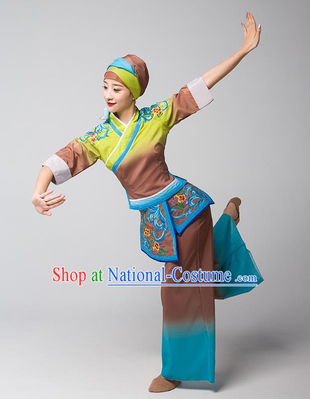 China Jiaozhou Yangko Group Dance Brown Uniforms Fan Dance Performance Garment Costume Folk Dance Clothing