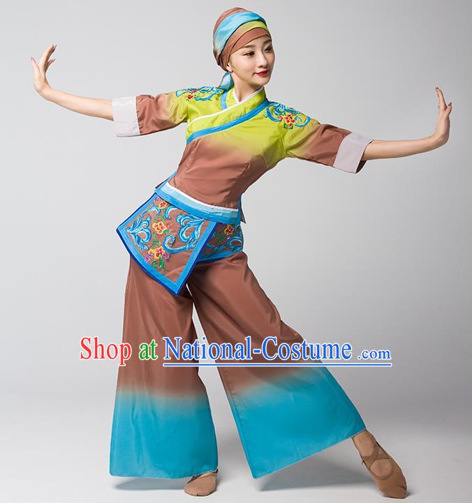 China Jiaozhou Yangko Group Dance Brown Uniforms Fan Dance Performance Garment Costume Folk Dance Clothing