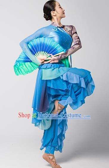 China Fan Dance Group Dance Garment Costume Folk Dance Clothing Jiaozhou Yangko Performance Blue Uniforms